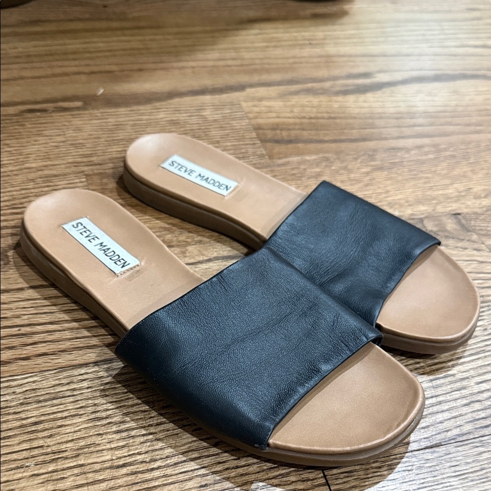 Steve Madden Black and Brown Slide Sandals